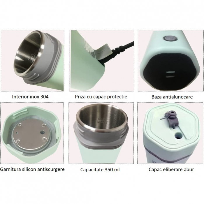 Cana termos electrica AxaCube®, pentru masina, alimentare priza auto 12v, interior inox 304, izolare termica cu vid, capacitate 350 ml, verde [9]