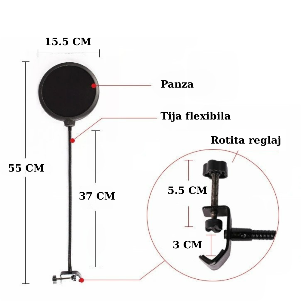Filtru Pop pentru Microfon, Pânză Dublă, Reglabil, Anti-Zgomot, Ideal pentru Podcast, Streaming sau Gaming [2]