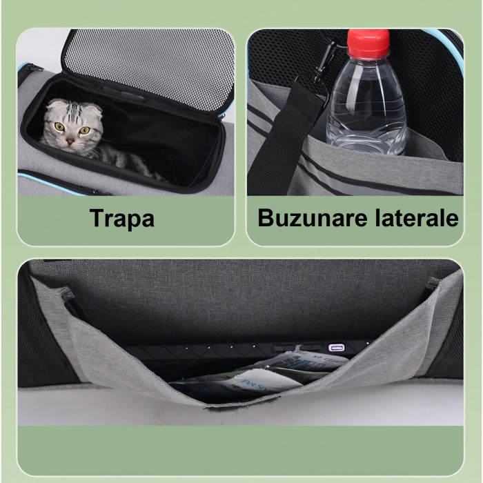 Geanta de transport pentru animale de companie mici AxaCube®, pisici, caini, laterale extensibile, plasa de aerisire, pliabila, baza rezistenta, buzunare laterale, 47 X 28 X 28 cm [14]