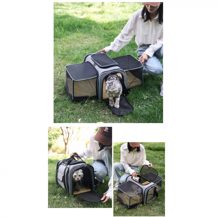 Geanta de transport pentru animale de companie mici AxaCube®, pisici, caini, laterale extensibile, plasa de aerisire, pliabila, baza rezistenta, buzunare laterale, 47 X 28 X 28 cm [12]