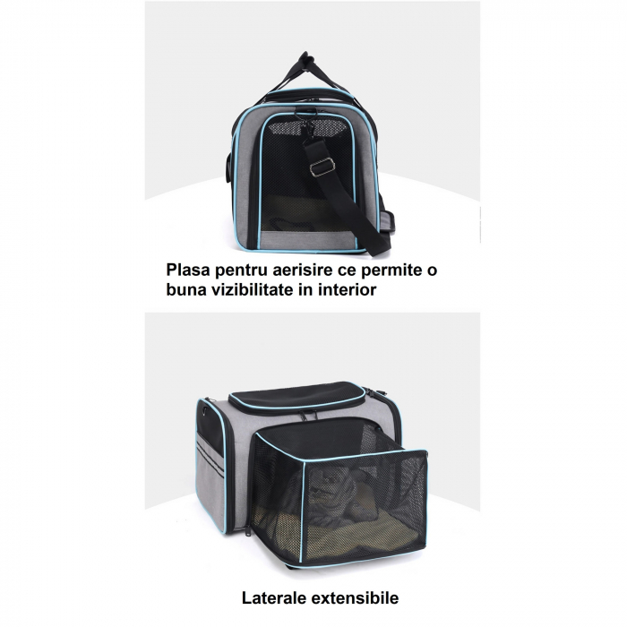 Geanta de transport pentru animale de companie mici AxaCube®, pisici, caini, laterale extensibile, plasa de aerisire, pliabila, baza rezistenta, buzunare laterale, 47 X 28 X 28 cm [17]