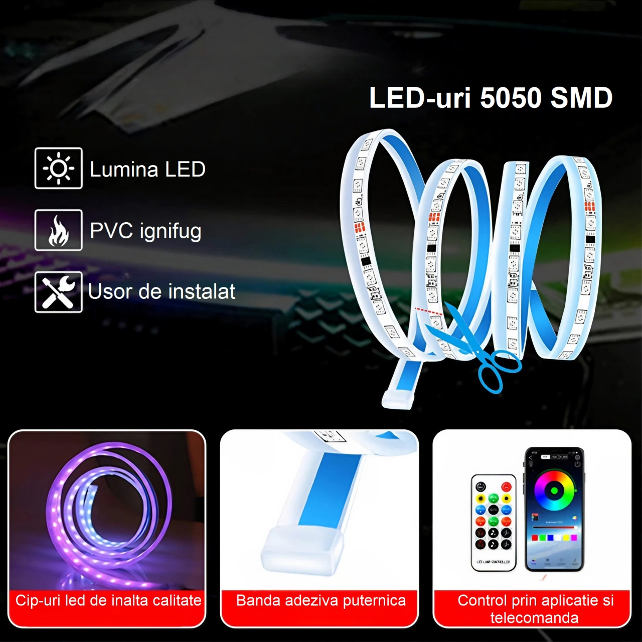 Kit banda led auto AxaCube® cu montare sub capota masinii, RGB, control prin aplicatie dedicata si telecomanda, joc de lumini, rezistenta la apa, 150 cm [6]