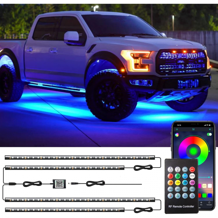 Kit banda led auto AxaCube, cu montare sub masina, RGB, bluetooth, aplicatie dedicata, telecomanda, joc de lumini, rezistent la apa, 2 x 90 cm si 2 x 120 cm [1]
