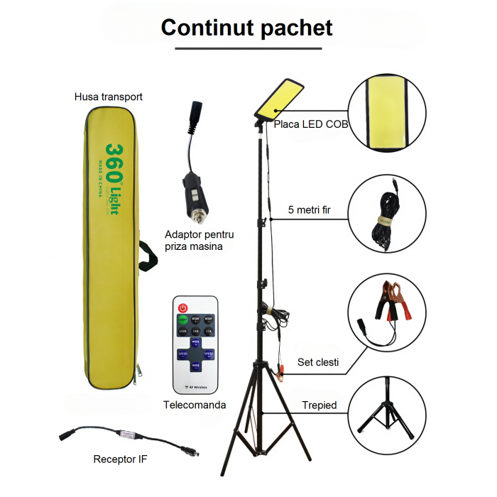 Kit nocturna AxaCube® ,lumina led portabila pentru pescuit, camping, drumetii, 12 V, 47 W, 4600 lumeni, trepied cu brat telescopic ajustabil, control prin telecomanda, rezistent la apa IP67 [2]