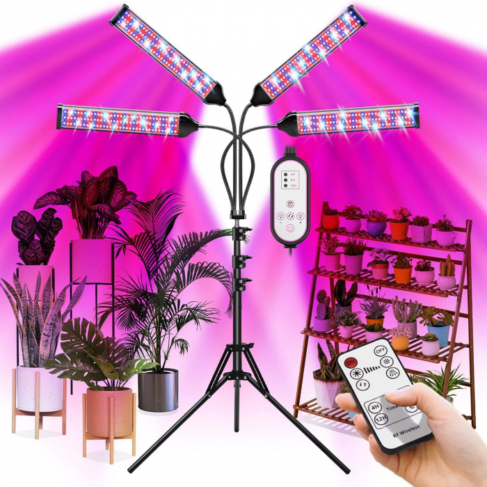 Lampa led cu 4 capete luminoase pentru cresterea plantelor AxaCube®, 35W, lumina rosie si albastra, 420 de LED-uri SMD 2835, control prin telecomanda, reglare intensitate luminoasa si inaltime stativ [1]