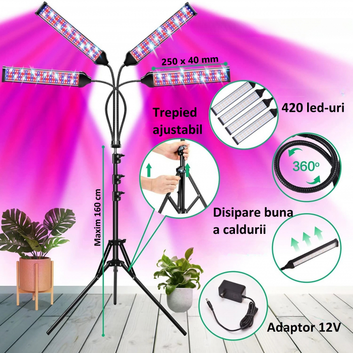 Lampa led cu 4 capete luminoase pentru cresterea plantelor AxaCube®, 35W, lumina rosie si albastra, 420 de LED-uri SMD 2835, control prin telecomanda, reglare intensitate luminoasa si inaltime stativ [6]