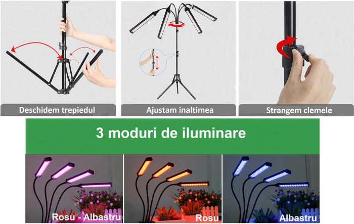 Lampa led cu 4 capete luminoase pentru cresterea plantelor AxaCube®, 35W, lumina rosie si albastra, 420 de LED-uri SMD 2835, control prin telecomanda, reglare intensitate luminoasa si inaltime stativ [5]