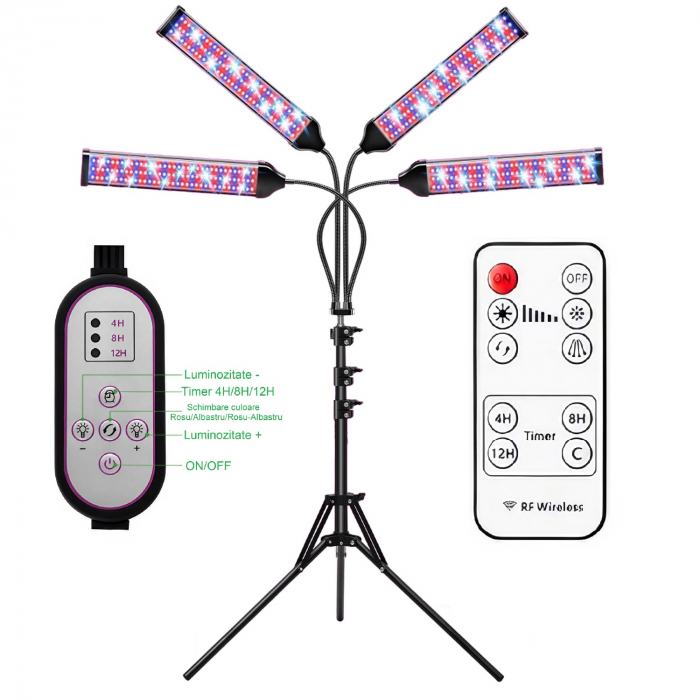 Lampa led cu 4 capete luminoase pentru cresterea plantelor AxaCube®, 35W, lumina rosie si albastra, 420 de LED-uri SMD 2835, control prin telecomanda, reglare intensitate luminoasa si inaltime stativ [3]