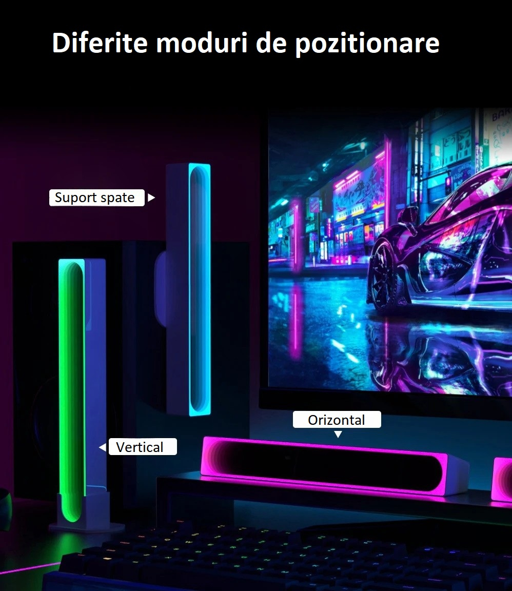 Set 2 lampi led RGB AxaCube pentru gaming, efect 3D, lumina ambientala, sincronizare sonora, control prin telecomanda si aplicatie, conectare usb, alb [10]