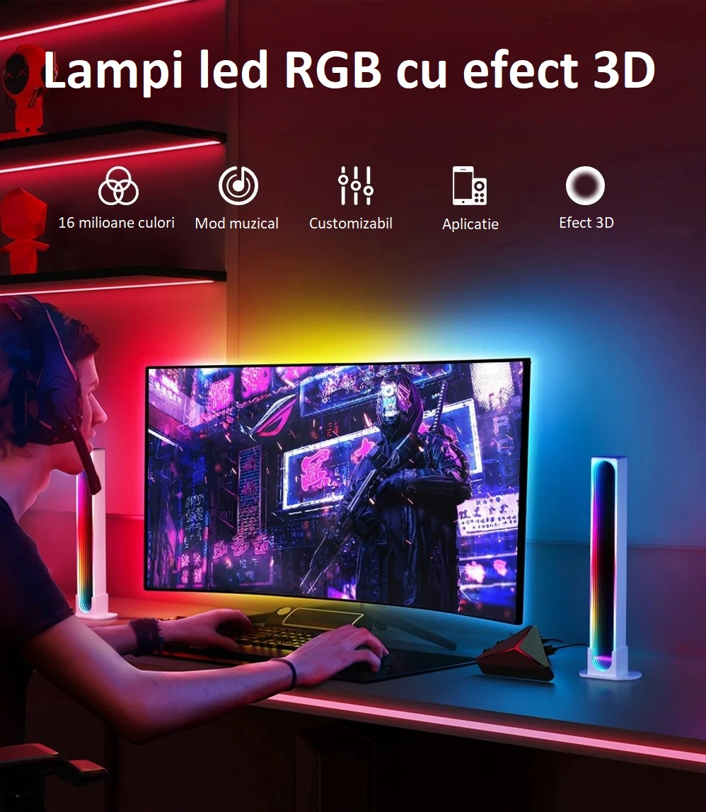 Set 2 lampi led RGB AxaCube pentru gaming, efect 3D, lumina ambientala, sincronizare sonora, control prin telecomanda si aplicatie, conectare usb, alb [12]