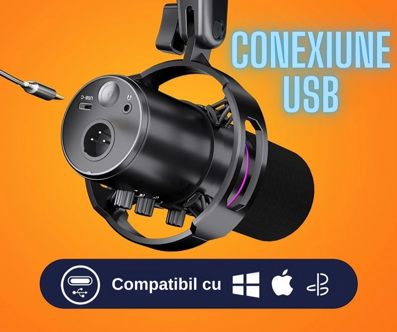 Microfon AxaCube® pentru gaming, inregistrari, streaming, youtube, cardioid, monitorizare in timp real, functie mute, lumina RGB, brat ajustabil, conexiune XLR si USB, compatibil Windows, Apple si PS [7]