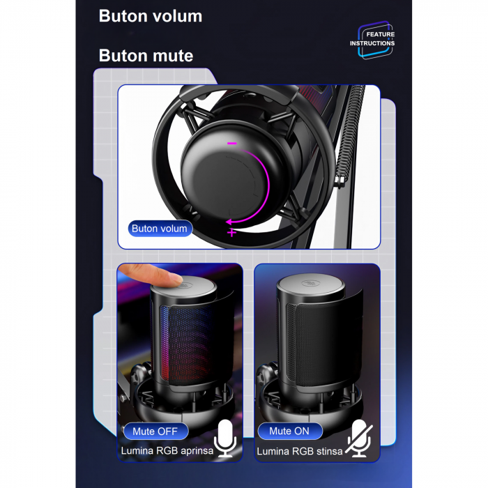 Microfon condensator AxaCube® pentru gaming, youtube, zoom, reducere zgomot fundal, functie mute, cardioid, lumina RGB, filtru pop, brat ajustabil, capsula 14 mm, compatibil Windows, MacOS, PS4, PS5 [6]