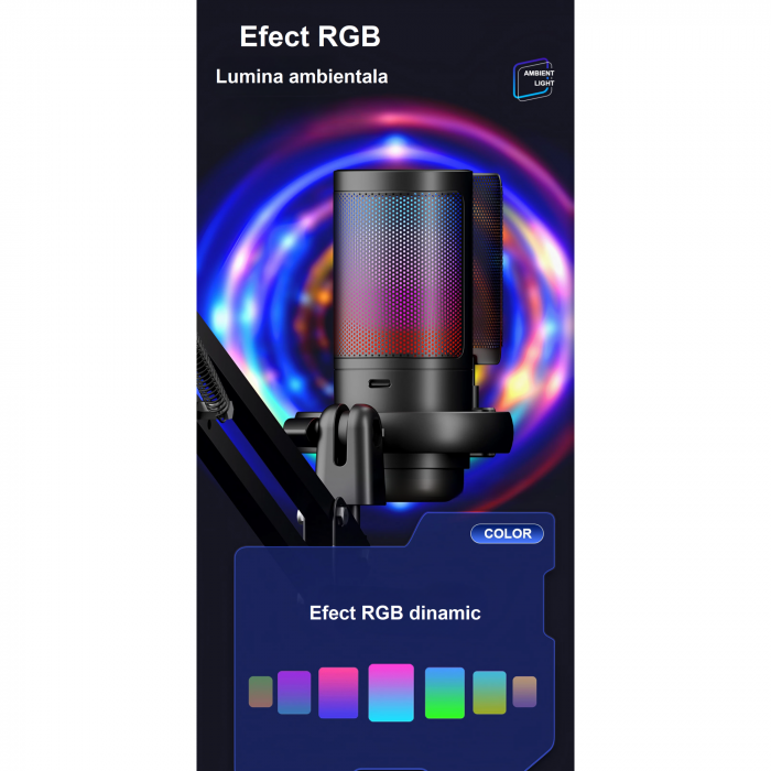 Microfon condensator AxaCube® pentru gaming, youtube, zoom, reducere zgomot fundal, functie mute, cardioid, lumina RGB, filtru pop, brat ajustabil, capsula 14 mm, compatibil Windows, MacOS, PS4, PS5 [5]