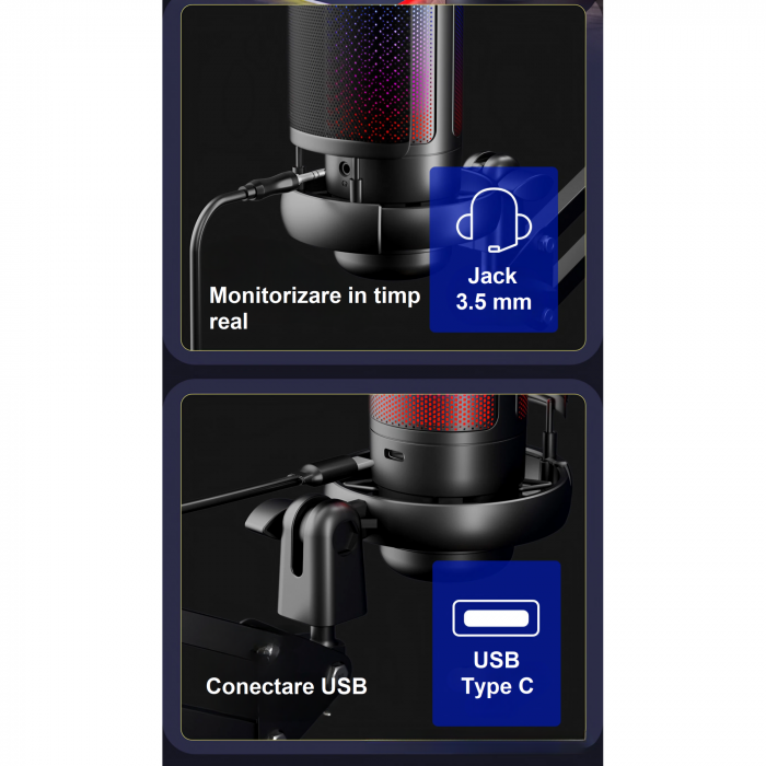 Microfon condensator AxaCube® pentru gaming, youtube, zoom, reducere zgomot fundal, functie mute, cardioid, lumina RGB, filtru pop, brat ajustabil, capsula 14 mm, compatibil Windows, MacOS, PS4, PS5 [8]
