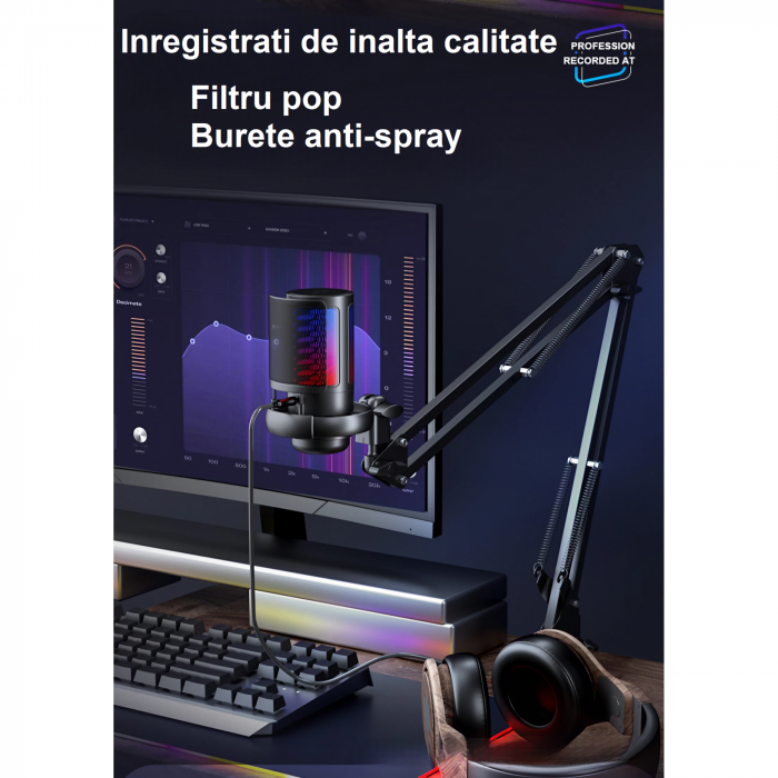 Microfon condensator AxaCube® pentru gaming, youtube, zoom, reducere zgomot fundal, functie mute, cardioid, lumina RGB, filtru pop, brat ajustabil, capsula 14 mm, compatibil Windows, MacOS, PS4, PS5 [11]