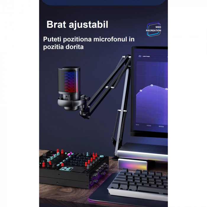 Microfon condensator AxaCube® pentru gaming, youtube, zoom, reducere zgomot fundal, functie mute, cardioid, lumina RGB, filtru pop, brat ajustabil, capsula 14 mm, compatibil Windows, MacOS, PS4, PS5 [9]