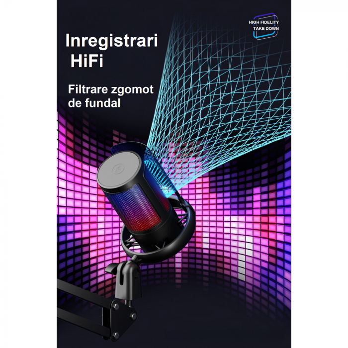 Microfon condensator AxaCube® pentru gaming, youtube, zoom, reducere zgomot fundal, functie mute, cardioid, lumina RGB, filtru pop, brat ajustabil, capsula 14 mm, compatibil Windows, MacOS, PS4, PS5 [12]