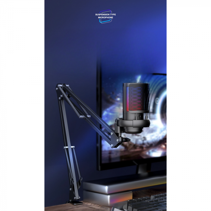 Microfon condensator AxaCube® pentru gaming, youtube, zoom, reducere zgomot fundal, functie mute, cardioid, lumina RGB, filtru pop, brat ajustabil, capsula 14 mm, compatibil Windows, MacOS, PS4, PS5 [4]
