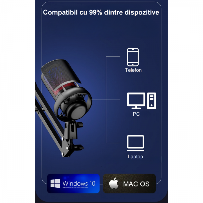 Microfon condensator AxaCube® pentru gaming, youtube, zoom, reducere zgomot fundal, functie mute, cardioid, lumina RGB, filtru pop, brat ajustabil, capsula 14 mm, compatibil Windows, MacOS, PS4, PS5 [3]