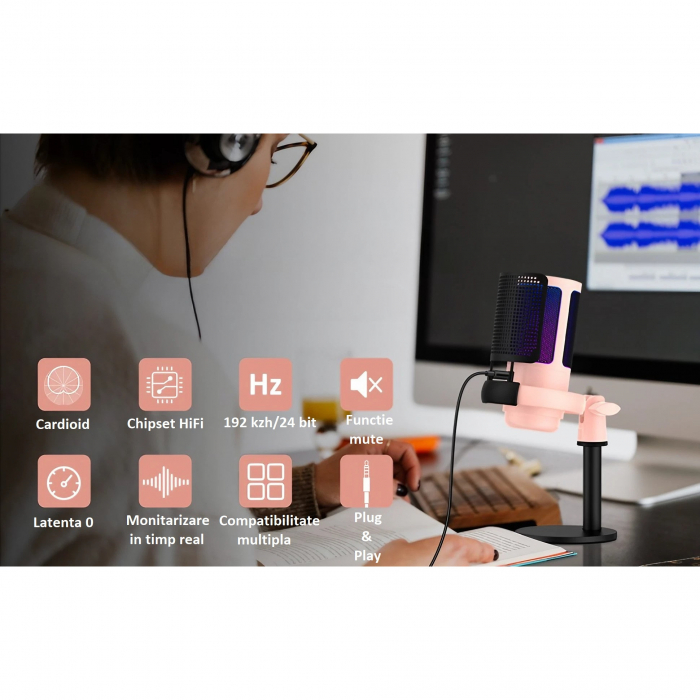 Microfon condensator AxaCube® pentru gaming, inregistrari, streaming, youtube, zoom, reducere zgomot fundal, functie mute, cardioid, lumina RGB, filtru pop, compatibil Windows, MacOS, PS4, PS5, conexi [8]
