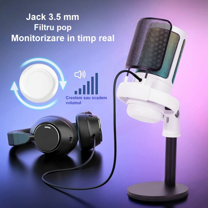 Microfon condensator AxaCube® pentru gaming, inregistrari, streaming, youtube, zoom, reducere zgomot fundal, functie mute, cardioid, lumina RGB, filtru pop, compatibil Windows, MacOS, PS4, PS5, conexi [5]