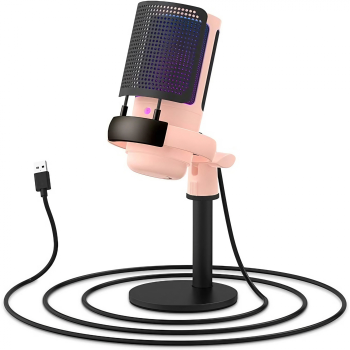 Microfon condensator AxaCube® pentru gaming, inregistrari, streaming, youtube, zoom, reducere zgomot fundal, functie mute, cardioid, lumina RGB, filtru pop, compatibil Windows, MacOS, PS4, PS5, conexi [1]