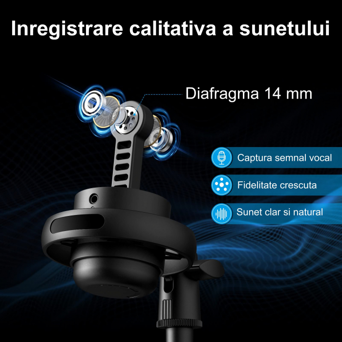 Microfon condensator AxaCube® pentru gaming, inregistrari, streaming, youtube, zoom, reducere zgomot fundal, functie mute, cardioid, lumina RGB, filtru pop, compatibil Windows, MacOS, PS4, PS5, conexi [6]