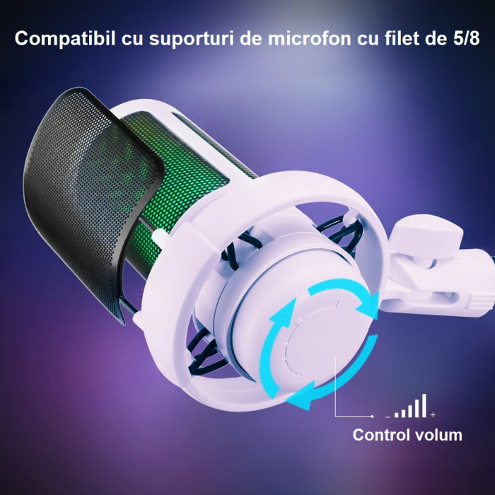 Microfon condensator AxaCube® pentru gaming, inregistrari, streaming, youtube, zoom, reducere zgomot fundal, functie mute, cardioid, lumina RGB, filtru pop, compatibil Windows, MacOS, PS4, PS5, conexi [6]