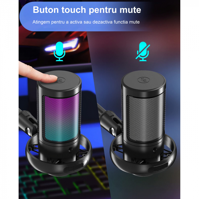 Microfon condensator AxaCube® pentru gaming, inregistrari, streaming, youtube, zoom, reducere zgomot fundal, functie mute, cardioid, lumina RGB, filtru pop, compatibil Windows, MacOS, PS4, PS5, conexi [10]