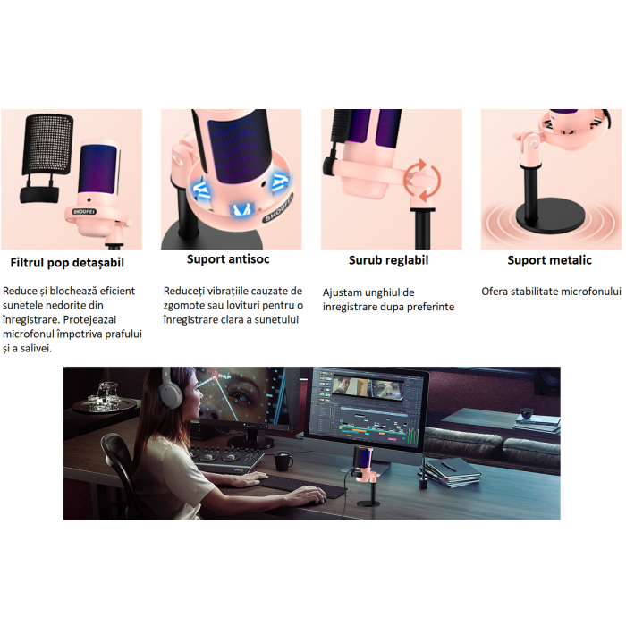 Microfon condensator AxaCube® pentru gaming, inregistrari, streaming, youtube, zoom, reducere zgomot fundal, functie mute, cardioid, lumina RGB, filtru pop, compatibil Windows, MacOS, PS4, PS5, conexi [10]