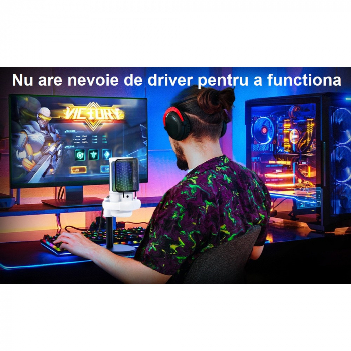 Microfon condensator AxaCube® pentru gaming, inregistrari, streaming, youtube, zoom, reducere zgomot fundal, functie mute, cardioid, lumina RGB, filtru pop, compatibil Windows, MacOS, PS4, PS5, conexi [7]