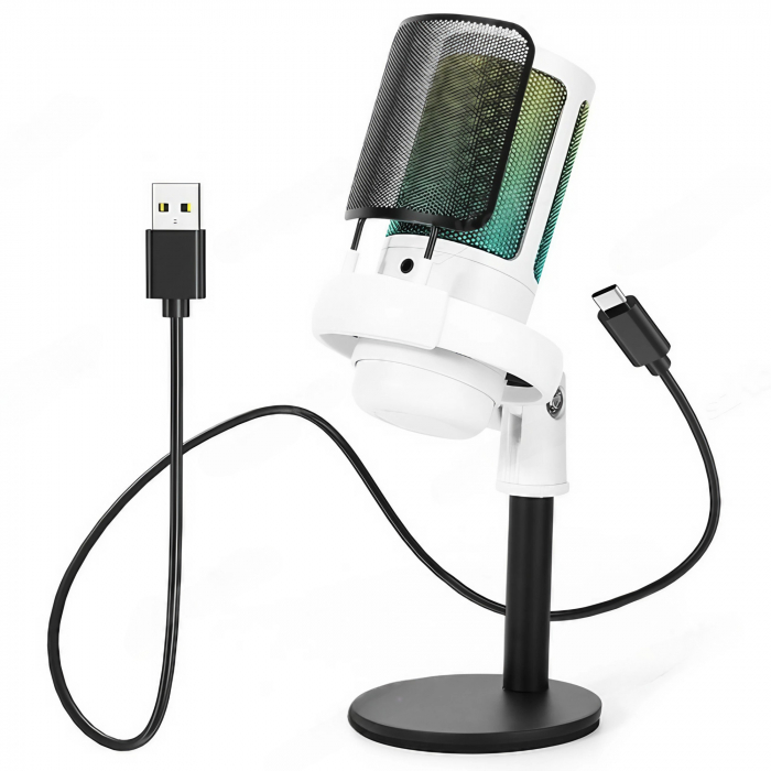 Microfon condensator AxaCube® pentru gaming, inregistrari, streaming, youtube, zoom, reducere zgomot fundal, functie mute, cardioid, lumina RGB, filtru pop, compatibil Windows, MacOS, PS4, PS5, conexi [1]