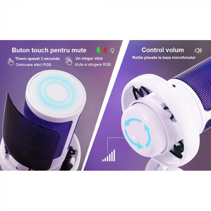 Microfon condensator AxaCube® pentru gaming, inregistrari, streaming, youtube, zoom, reducere zgomot fundal, functie mute, cardioid, lumina RGB, filtru pop, compatibil Windows, MacOS, PS4, PS5, conexi [4]