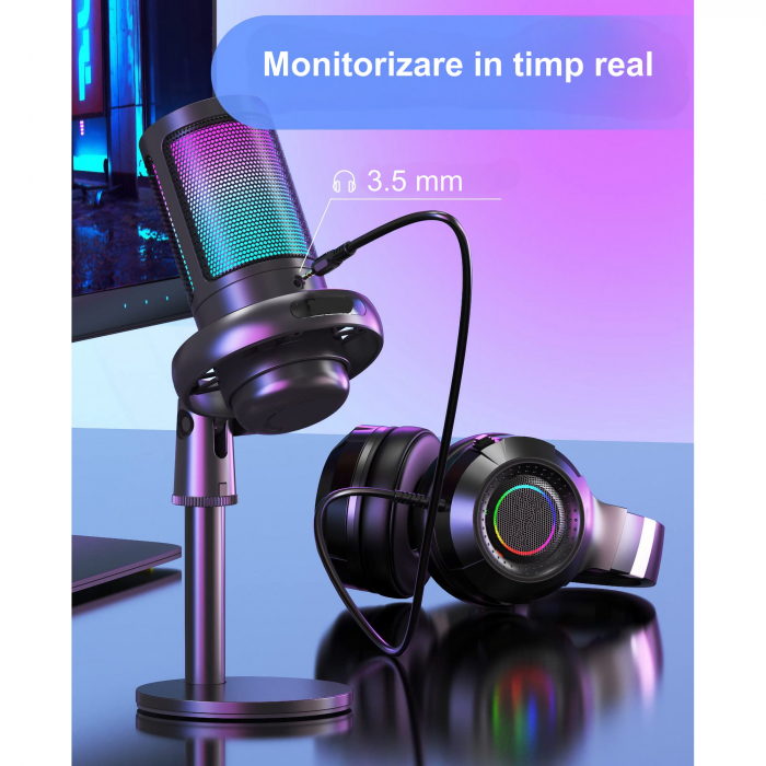 Microfon condensator AxaCube® pentru gaming, inregistrari, streaming, youtube, zoom, reducere zgomot fundal, functie mute, cardioid, lumina RGB, filtru pop, compatibil Windows, MacOS, PS4, PS5, conexi [3]