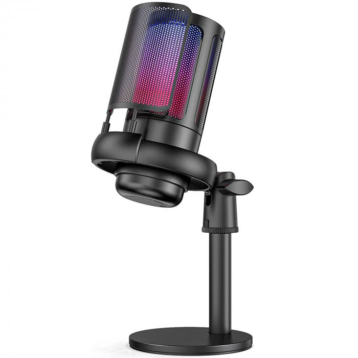 Microfon condensator AxaCube® pentru gaming, inregistrari, streaming, youtube, zoom, reducere zgomot fundal, functie mute, cardioid, lumina RGB, filtru pop, compatibil Windows, MacOS, PS4, PS5, conexi [1]