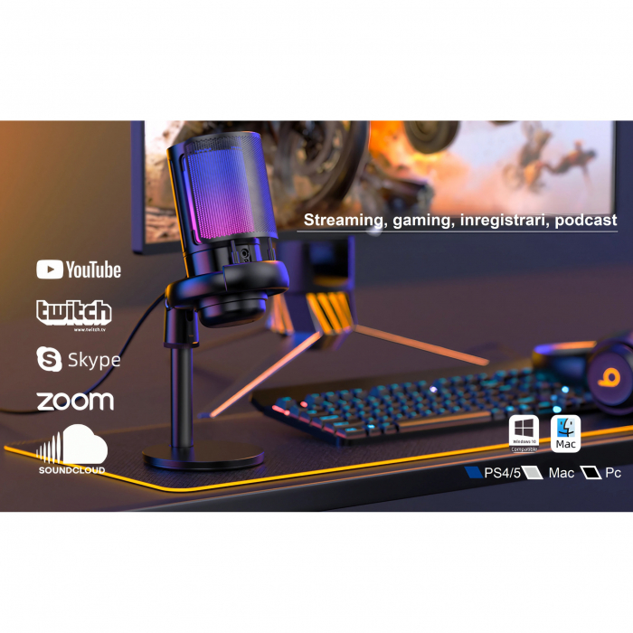 Microfon condensator AxaCube® pentru gaming, inregistrari, streaming, youtube, zoom, reducere zgomot fundal, functie mute, cardioid, lumina RGB, filtru pop, compatibil Windows, MacOS, PS4, PS5, conexi [9]