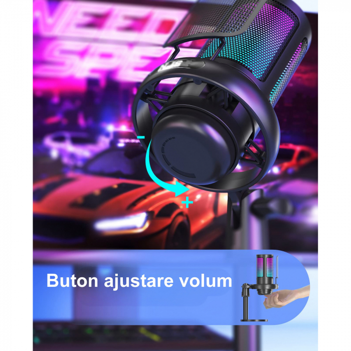 Microfon condensator AxaCube® pentru gaming, inregistrari, streaming, youtube, zoom, reducere zgomot fundal, functie mute, cardioid, lumina RGB, filtru pop, compatibil Windows, MacOS, PS4, PS5, conexi [5]