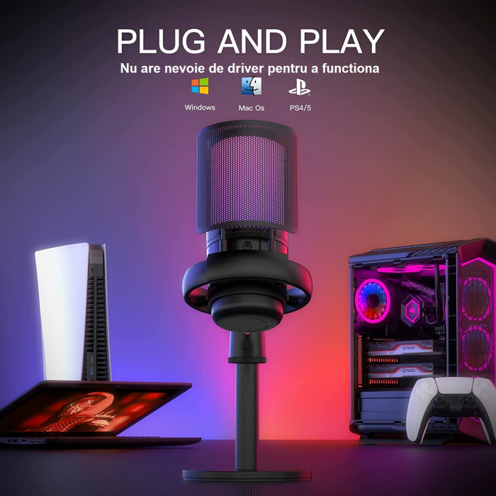 Microfon condensator AxaCube® pentru gaming, inregistrari, streaming, youtube, zoom, reducere zgomot fundal, functie mute, cardioid, lumina RGB, filtru pop, compatibil Windows, MacOS, PS4, PS5, conexi [4]