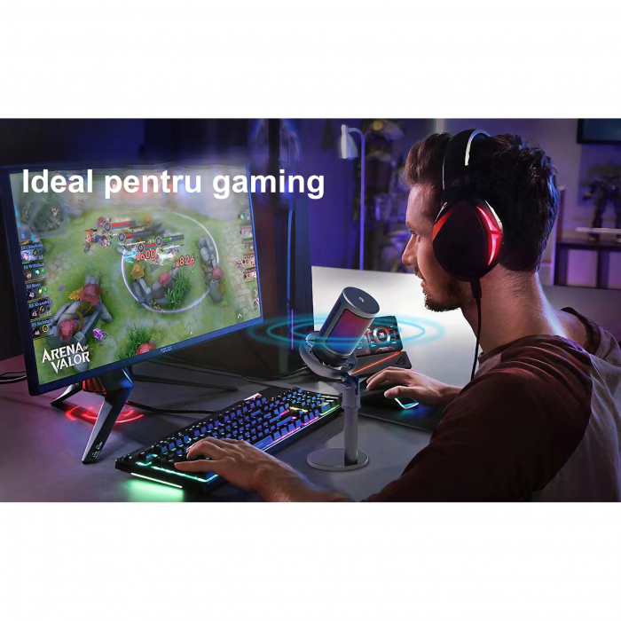 Microfon condensator AxaCube® pentru gaming, inregistrari, streaming, youtube, zoom, reducere zgomot fundal, functie mute, cardioid, lumina RGB, filtru pop, compatibil Windows, MacOS, PS4, PS5, conexi [13]