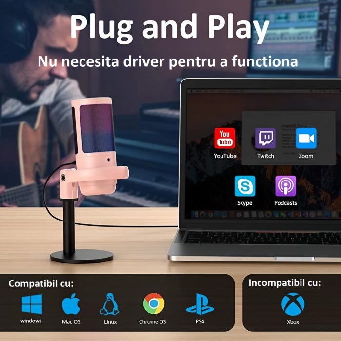 Microfon condensator AxaCube® pentru gaming, inregistrari, streaming, youtube, zoom, reducere zgomot fundal, functie mute, cardioid, lumina RGB, filtru pop, compatibil Windows, MacOS, PS4, PS5, conexi [4]