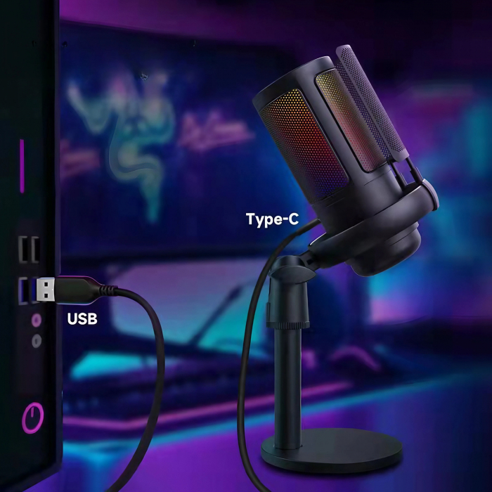 Microfon condensator AxaCube® pentru gaming, inregistrari, streaming, youtube, zoom, reducere zgomot fundal, functie mute, cardioid, lumina RGB, filtru pop, compatibil Windows, MacOS, PS4, PS5, conexi [2]