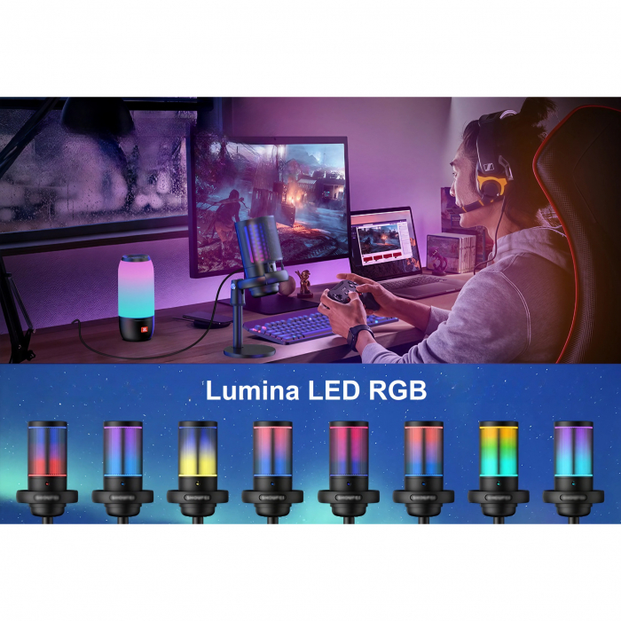 Microfon condensator AxaCube® pentru gaming, inregistrari, streaming, youtube, zoom, reducere zgomot fundal, functie mute, cardioid, lumina RGB, filtru pop, compatibil Windows, MacOS, PS4, PS5, conexi [8]