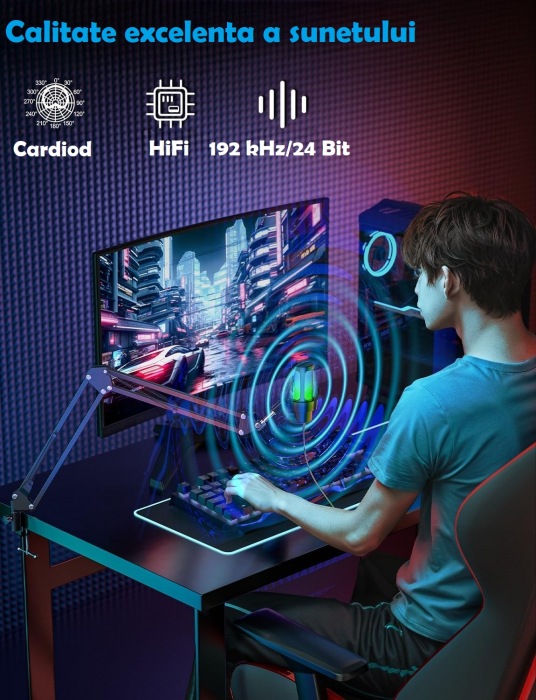 Microfon condensator AxaCube® pentru gaming, youtube, zoom, reducere zgomot fundal, functie mute, cardioid, lumina RGB, filtru pop, brat ajustabil, capsula 14mm, compatibil Windows, MacOS, PS4, PS5 [2]