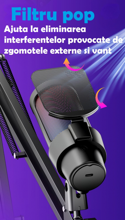 Microfon condensator AxaCube® pentru gaming, youtube, zoom, reducere zgomot fundal, functie mute, cardioid, lumina RGB, filtru pop, brat ajustabil, capsula 14mm, compatibil Windows, MacOS, PS4, PS5 [8]