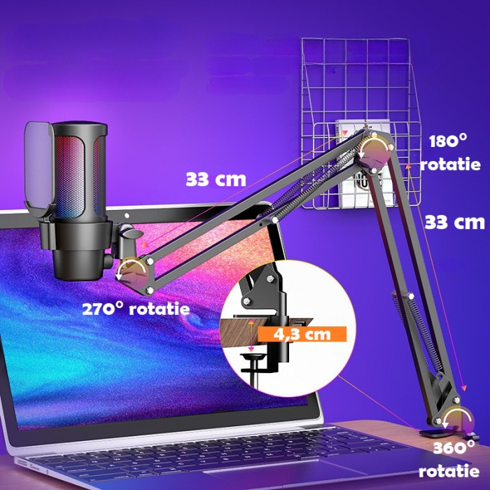 Microfon condensator AxaCube® pentru gaming, youtube, zoom, reducere zgomot fundal, functie mute, cardioid, lumina RGB, filtru pop, brat ajustabil, capsula 14mm, compatibil Windows, MacOS, PS4, PS5 [6]