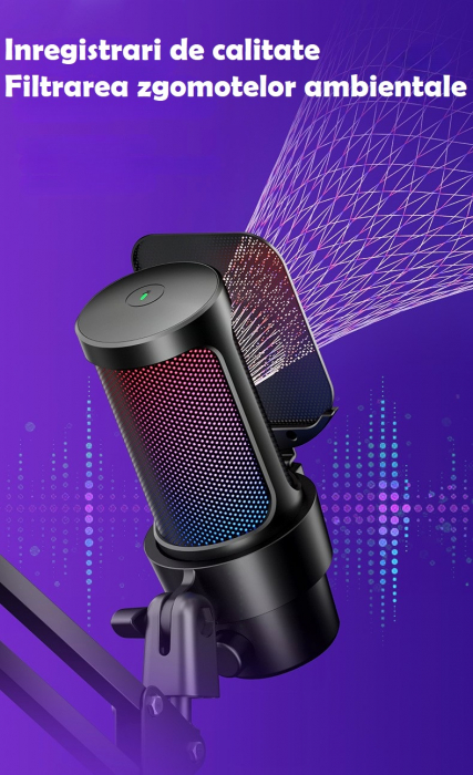 Microfon condensator AxaCube® pentru gaming, youtube, zoom, reducere zgomot fundal, functie mute, cardioid, lumina RGB, filtru pop, brat ajustabil, capsula 14mm, compatibil Windows, MacOS, PS4, PS5 [5]