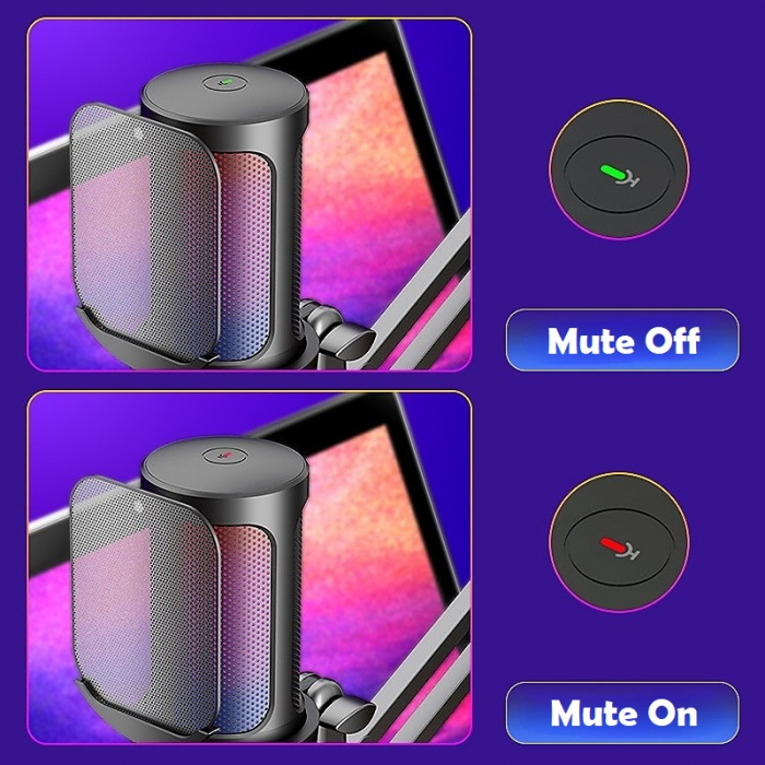 Microfon condensator AxaCube® pentru gaming, youtube, zoom, reducere zgomot fundal, functie mute, cardioid, lumina RGB, filtru pop, brat ajustabil, capsula 14mm, compatibil Windows, MacOS, PS4, PS5 [7]