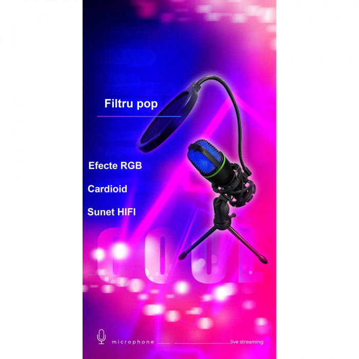 Microfon condensator AxaCube® pentru gaming, streaming, inregistrari, zoom, lumina RGB, cardioid, compatibil Windows, MacOs, conexiune USB [11]