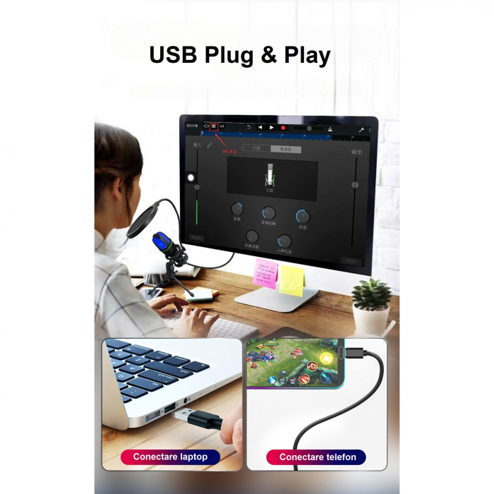 Microfon condensator AxaCube® pentru gaming, streaming, inregistrari, zoom, lumina RGB, cardioid, compatibil Windows, MacOs, conexiune USB [10]