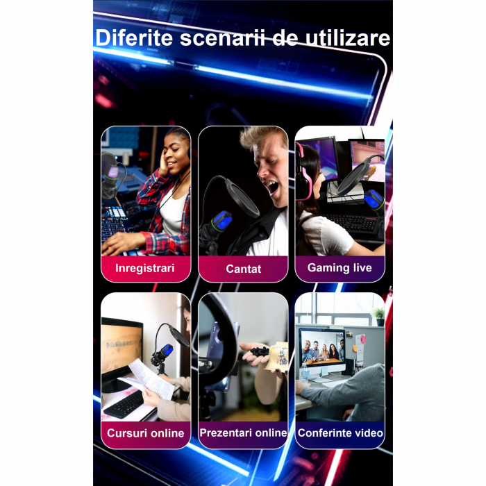 Microfon condensator AxaCube® pentru gaming, streaming, inregistrari, zoom, lumina RGB, cardioid, compatibil Windows, MacOs, conexiune USB [5]